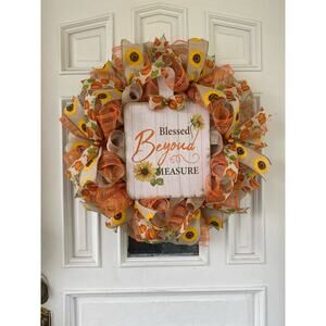 Blessed Beyond Measure Fall Wreath – 24” Sunflower & Pumpkin Thanksgiving Decor